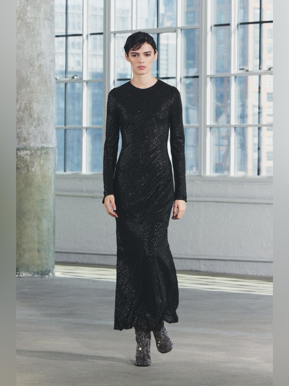 Zara Black Long-Sleeve Sequin Evening Holiday Maxi Gown Dress